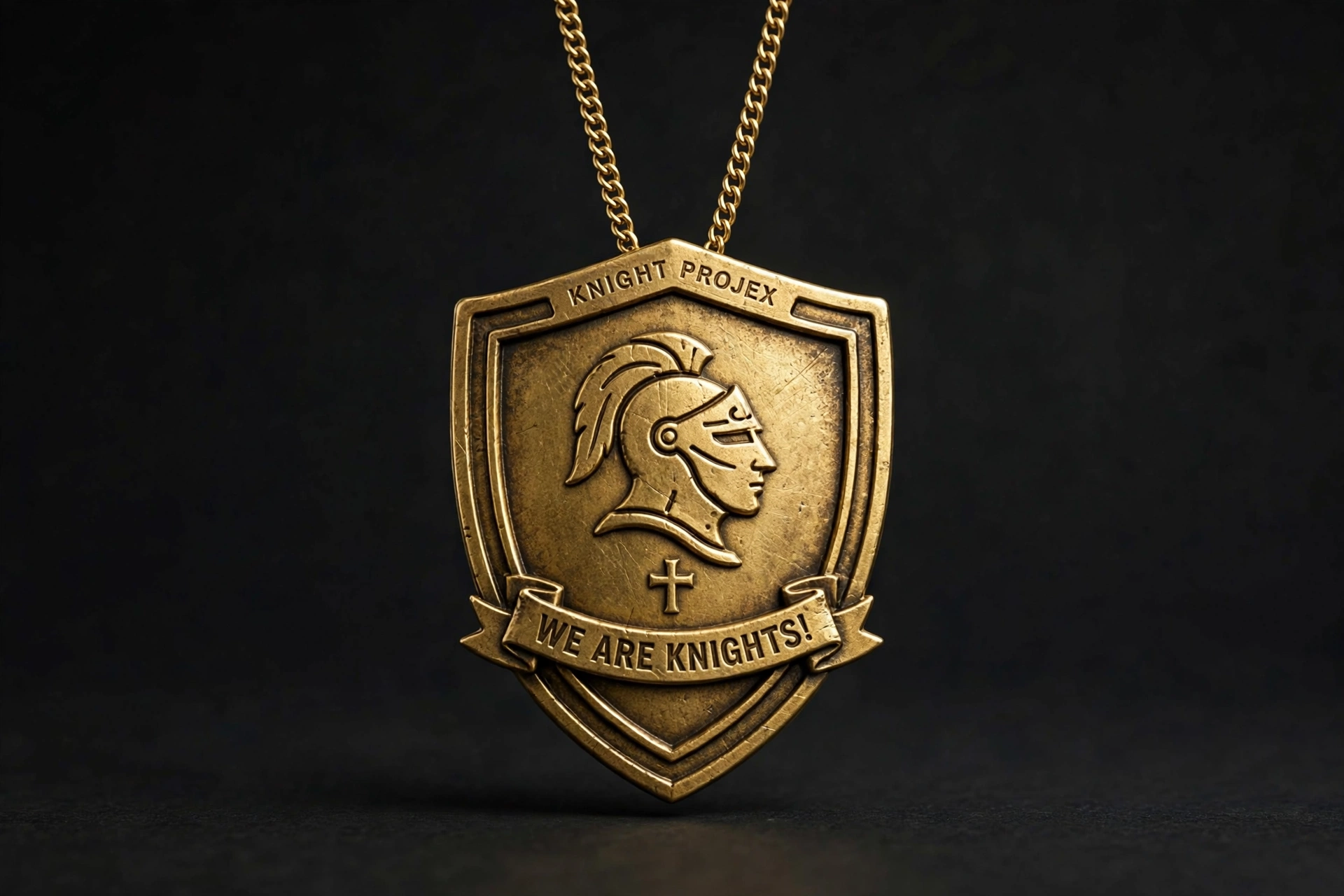Antique gold Knight Projex completion pendant with knight helmet and cross